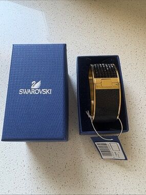 Swarovski Black Crystal and Gold-Tone Leather Cuff Bracelet